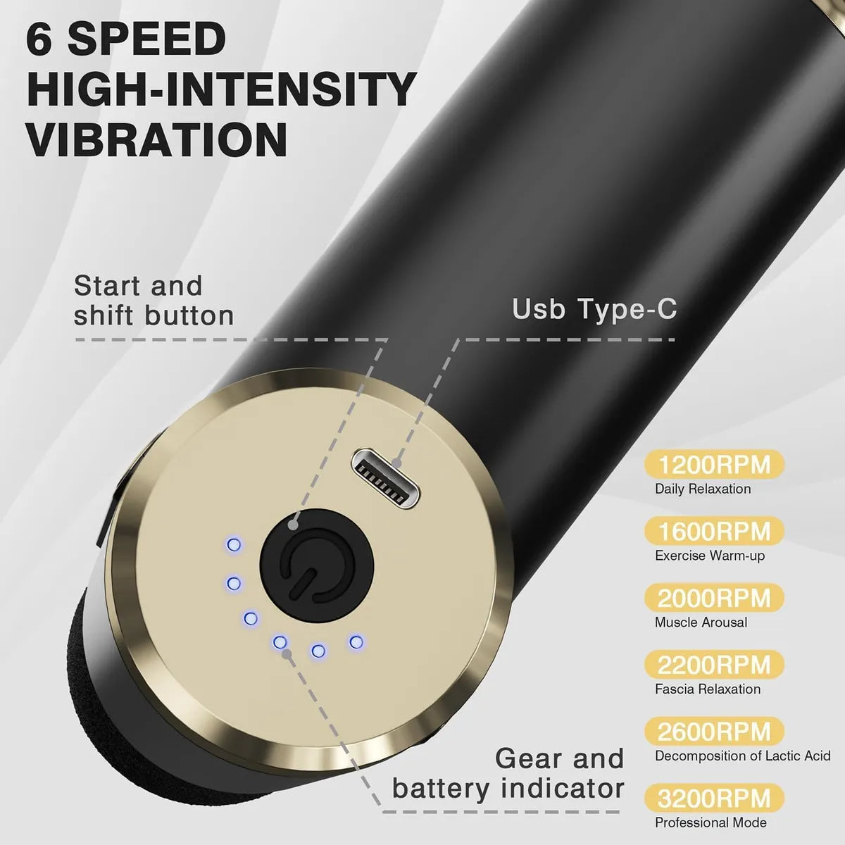 Rechargeable Mini Pro Massage Gun – Deep Tissue Handheld Massager with 6 Speeds & 4 Heads for Full Body Muscle Pain Relief