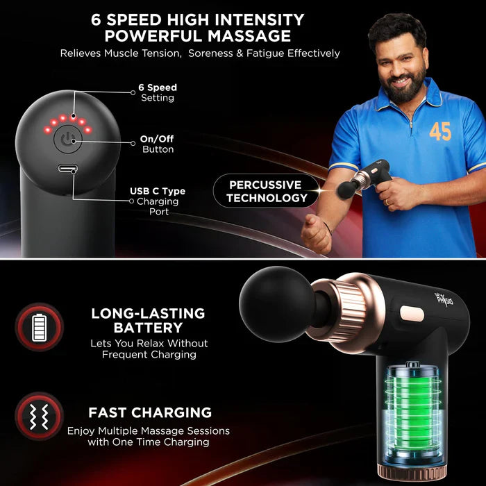 Rechargeable Mini Pro Massage Gun – Deep Tissue Handheld Massager with 6 Speeds & 4 Heads for Full Body Muscle Pain Relief